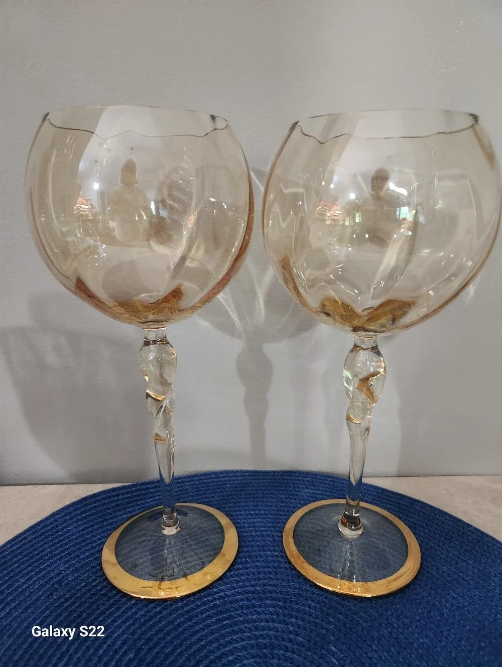 Gold-Trimmed Base Iridescent Amber Tint Balloon Wine Glasses - Set of 2